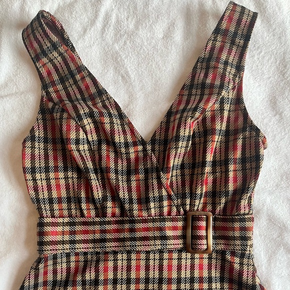 Plaid mini dress size medium fall retro vneck sleeveless - Picture 2 of 10
